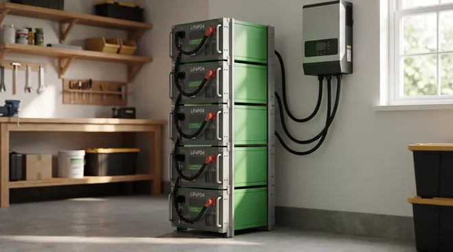 AFTER photo — 12 kWh LiFePO4 battery installed in the garage
