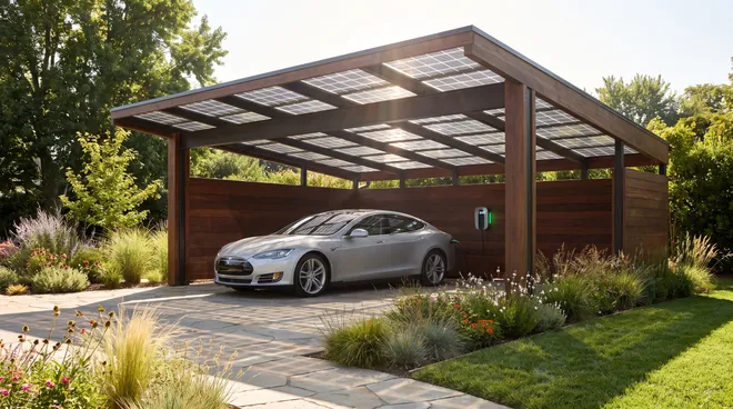 Foto NA — dubbele zonnecarport met auto aan het laden