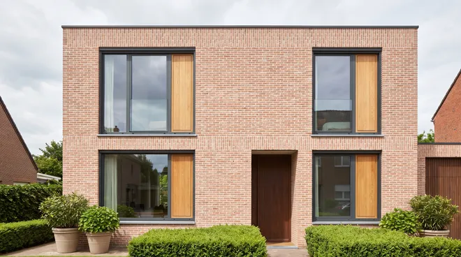 AFTER photo — new wood-aluminium windows, interior wood and anthracite aluminium