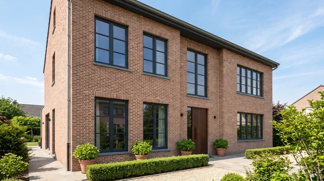 AFTER photo — anthracite aluminium windows, slim frames