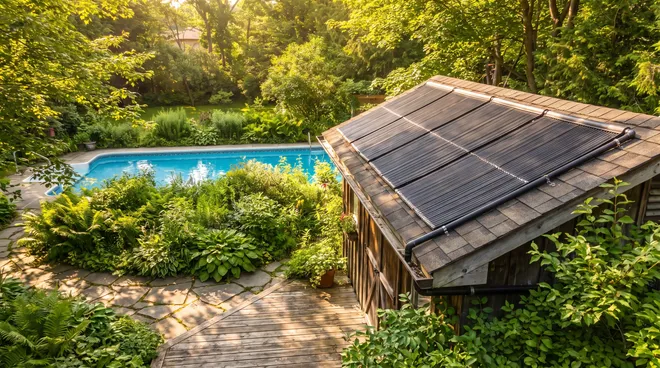 AFTER photo — solar mats on the roof, extended swimming