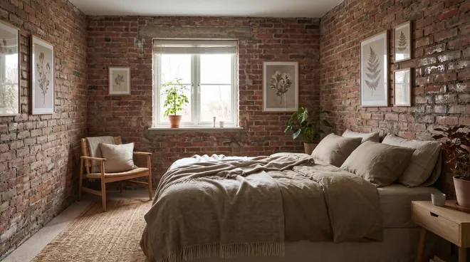BEFORE photo — cold bedroom, bare damp brick wall