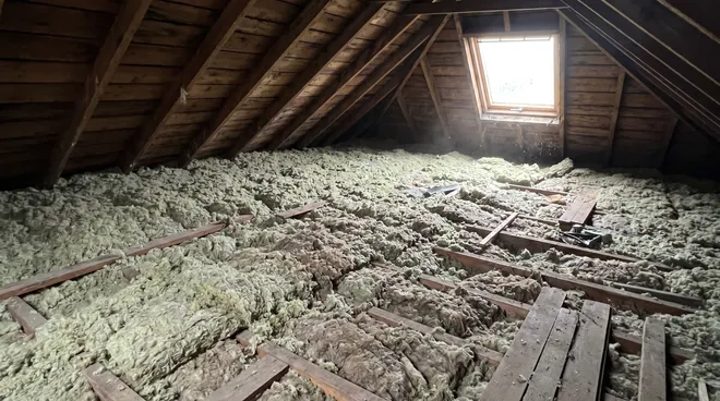Photo AFTER — attic insulated with blown glass wool