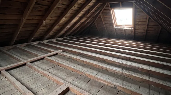 Photo BEFORE — uninsulated attic, bare roof frame