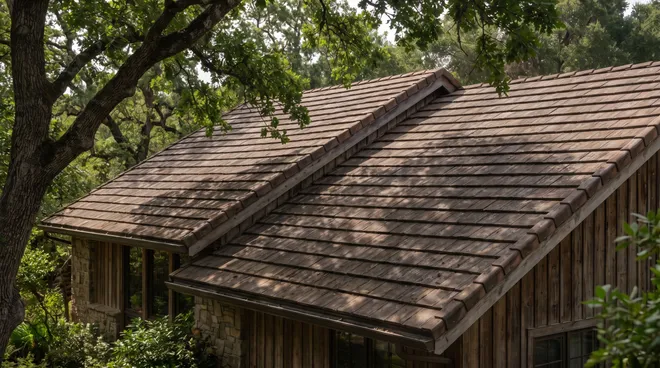 Foto VOOR — oost/west-dak beschaduwd door een grote boom