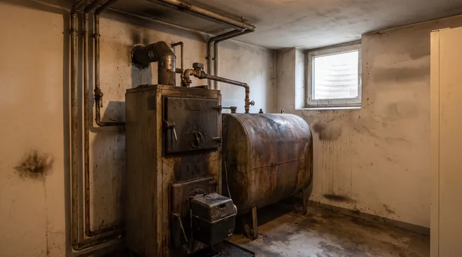 Photo AVANT — vieille chaudière mazout en cave
