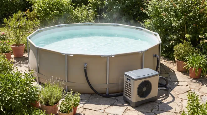 Photo APRÈS — mini PAC branchée, eau à 28 °C