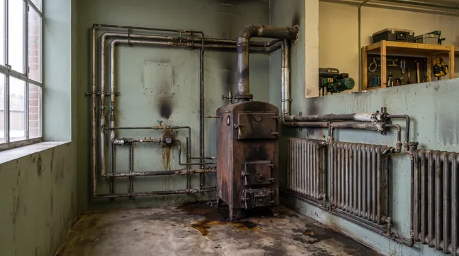 Foto VOOR — stookolieketel en gietijzeren radiatoren