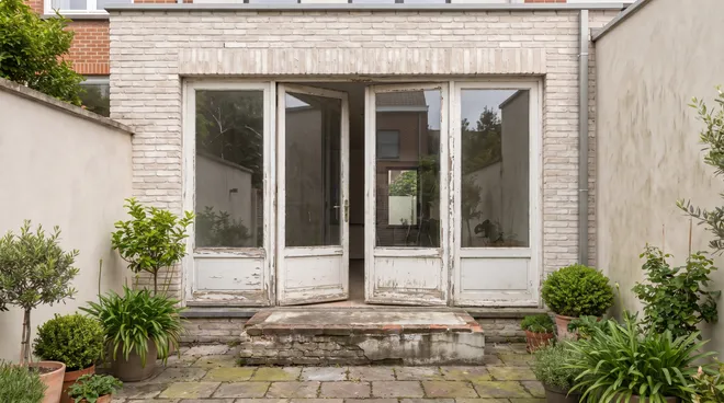 Foto VOOR — oude tuindeur met draaivleugels, uitstekende dorpel