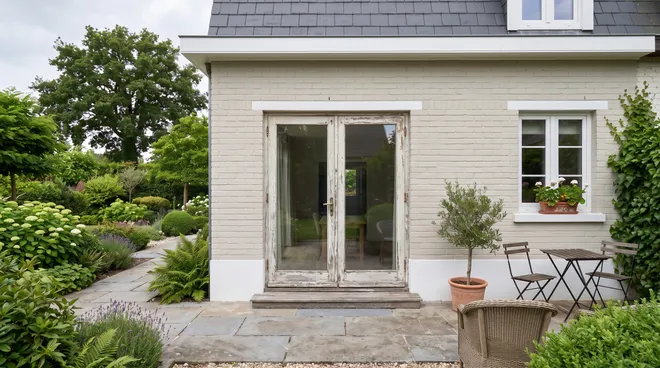Foto VOOR — oude tuindeur met enkel glas en hoge dorpel