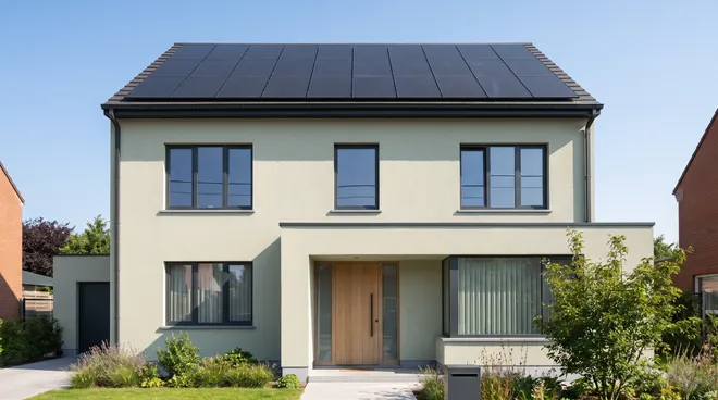 Foto NA — geïsoleerde gevel, ramen met drievoudige beglazing en zonnepanelen