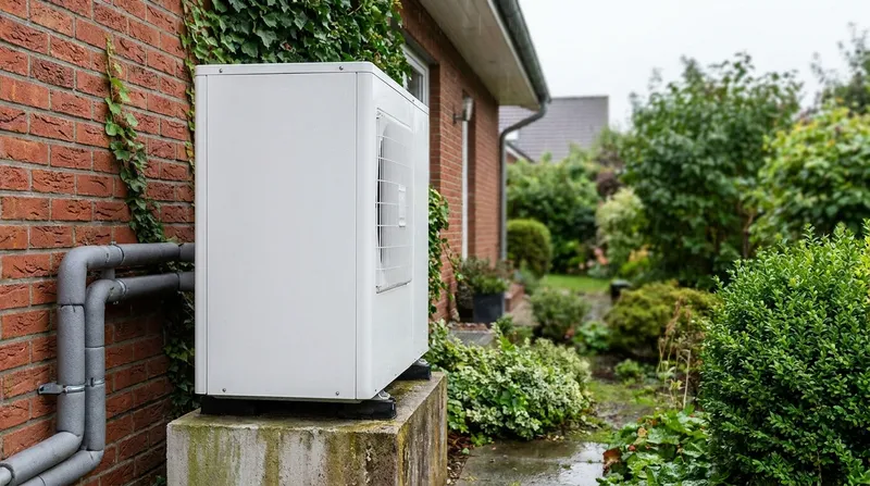 Buitenunit van een lucht-water-warmtepomp naast een woning