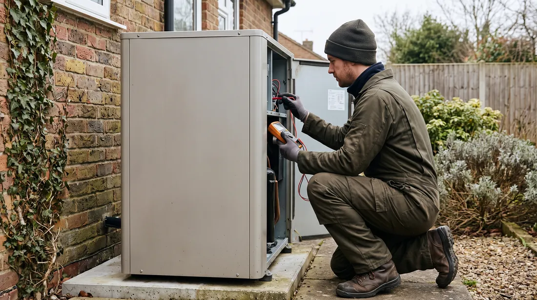 wendows technician servicing a heat pump outdoor unit