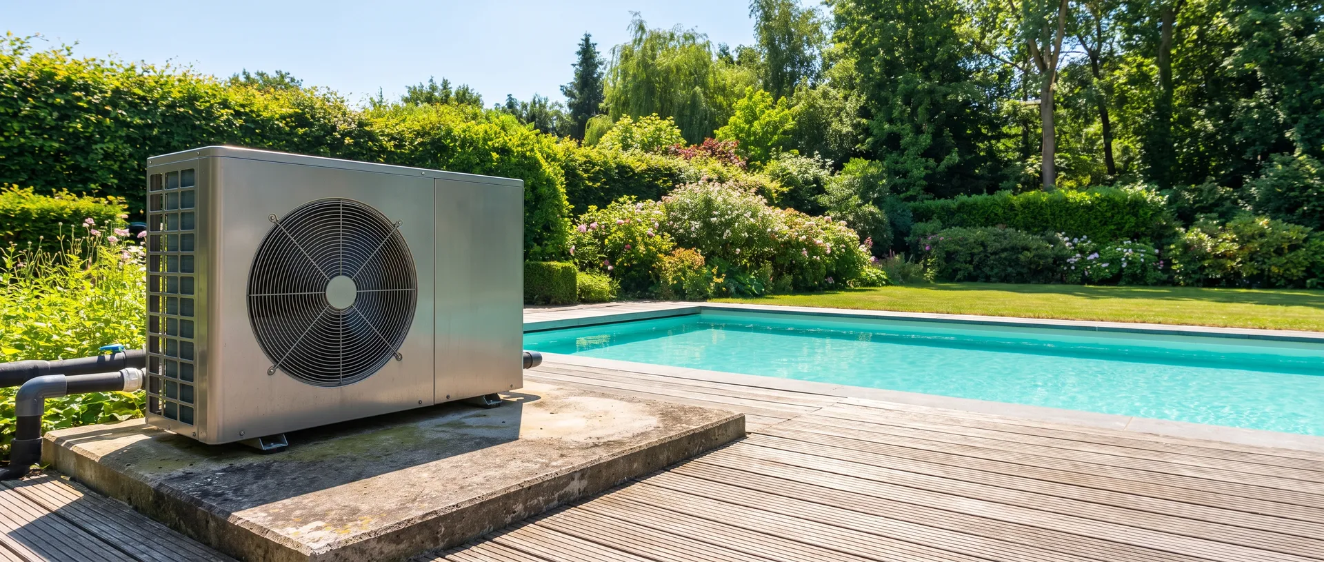 Swimming-pool heat pump installed next to a pool