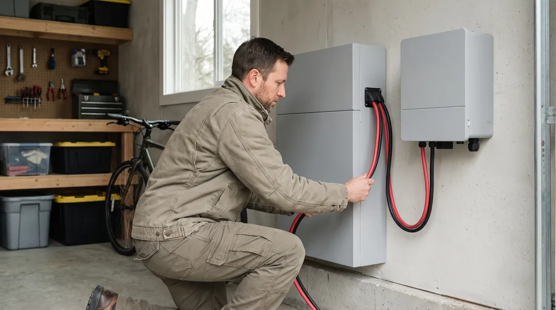 wendows installer mounting a wall-hung LFP home battery in a garage
